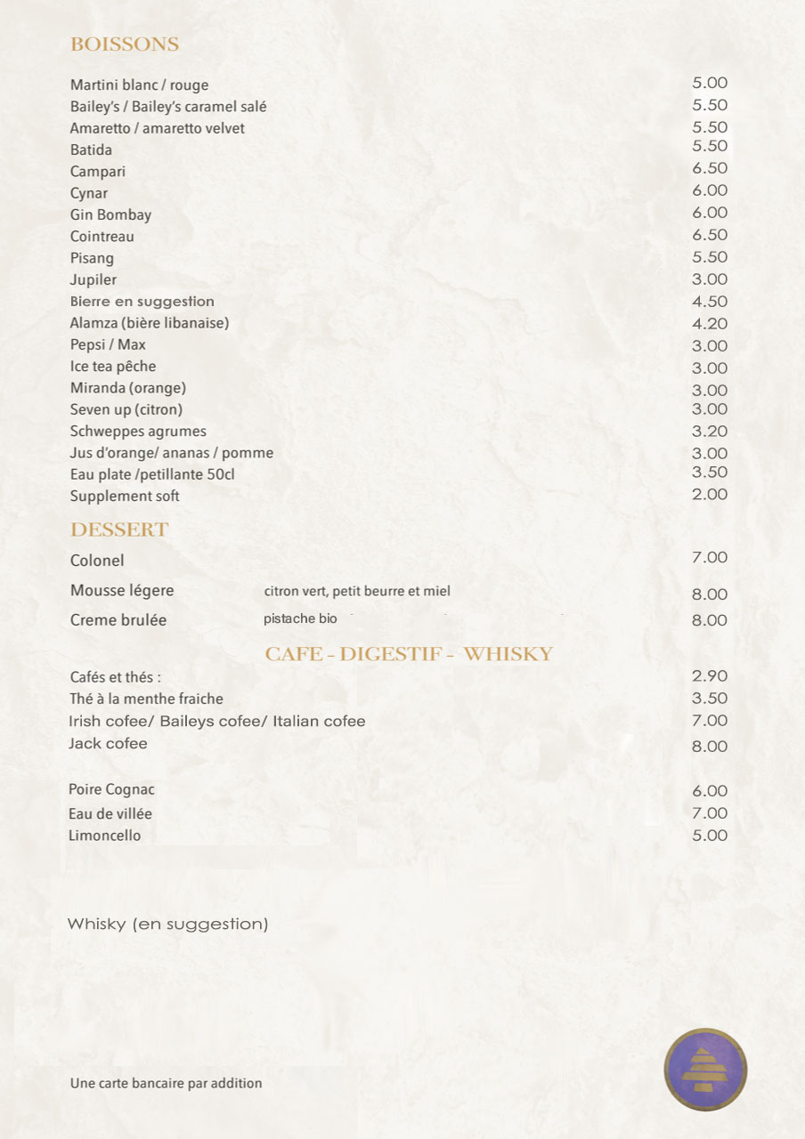 carte des boissons